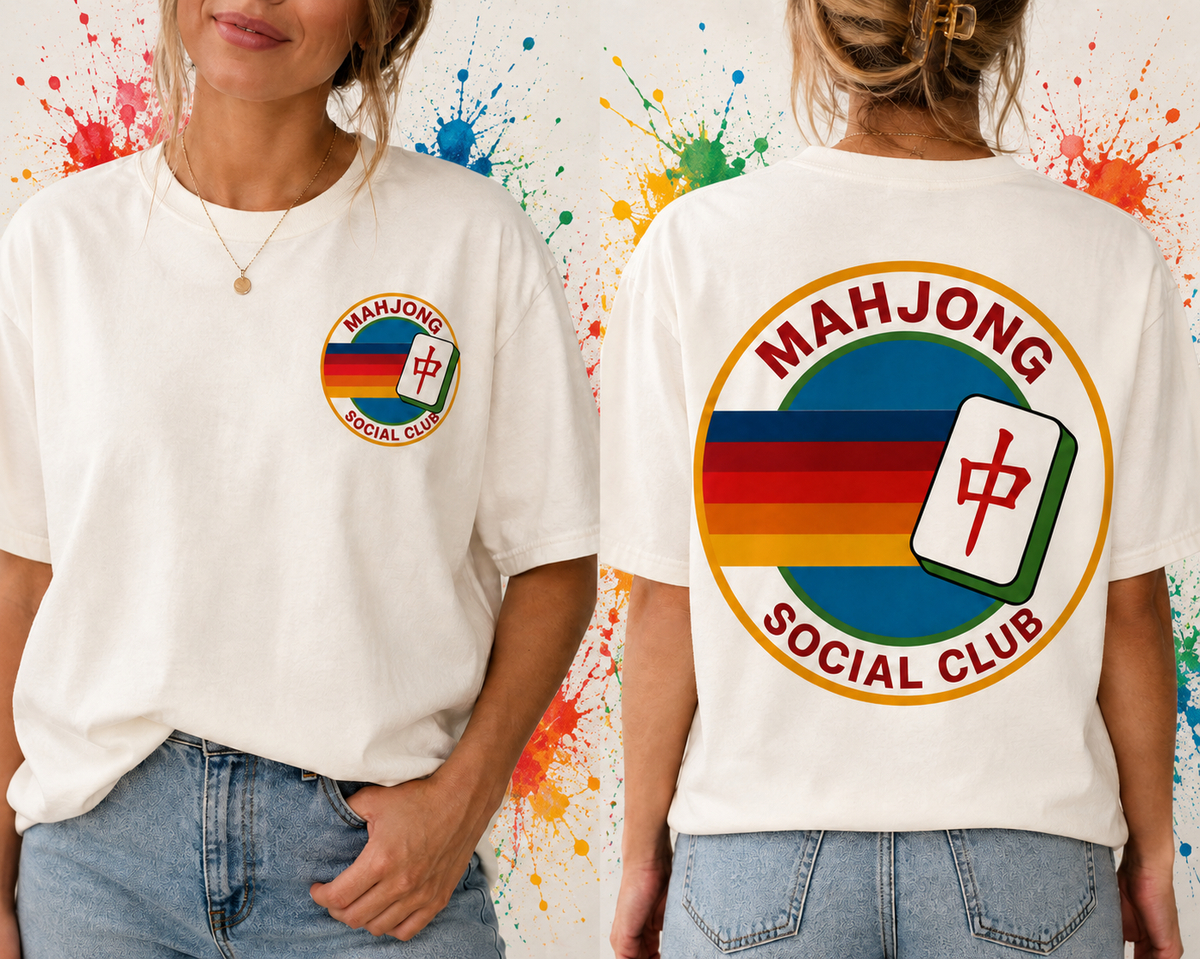 Mahjong Social Club T-Shirt — Retro Rainbow Mahjong Tile Tee