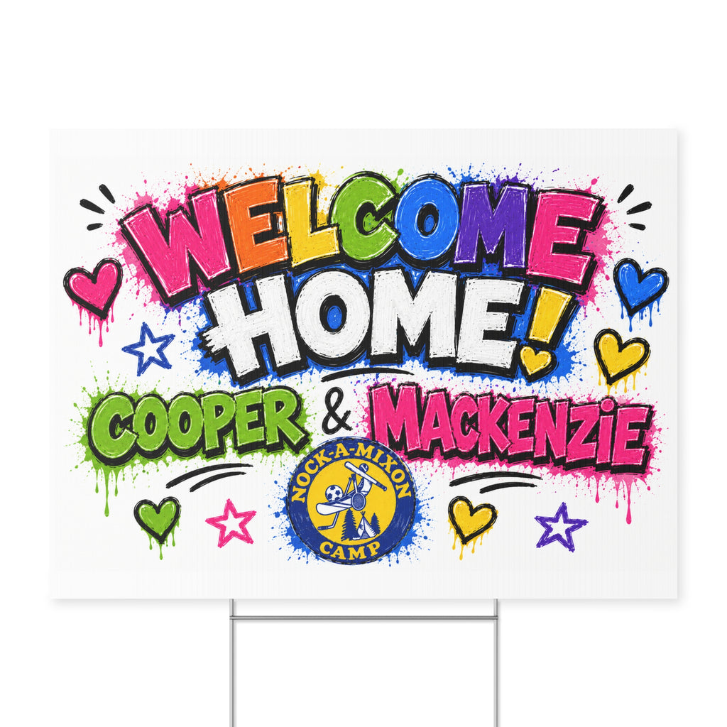 Welcome Home Yard Sign — Personalized 'Cooper & Mackenzie' Colorful Graffiti Design